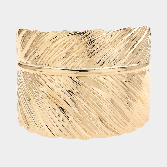 Gold Leaf Textured Metal Cuff Bracelet Fashion Statement Jewelry Bangle - Picture 1 of 2